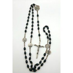 Italy Black Beaded Silvertone Rosary 25.5”